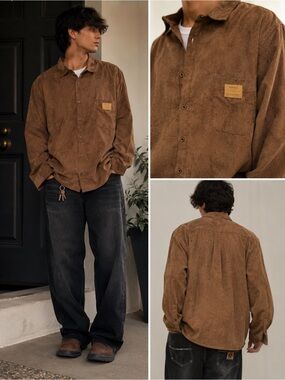Y2K Brown Corduroy Long-Sleeve Men's Button-Up Shirt